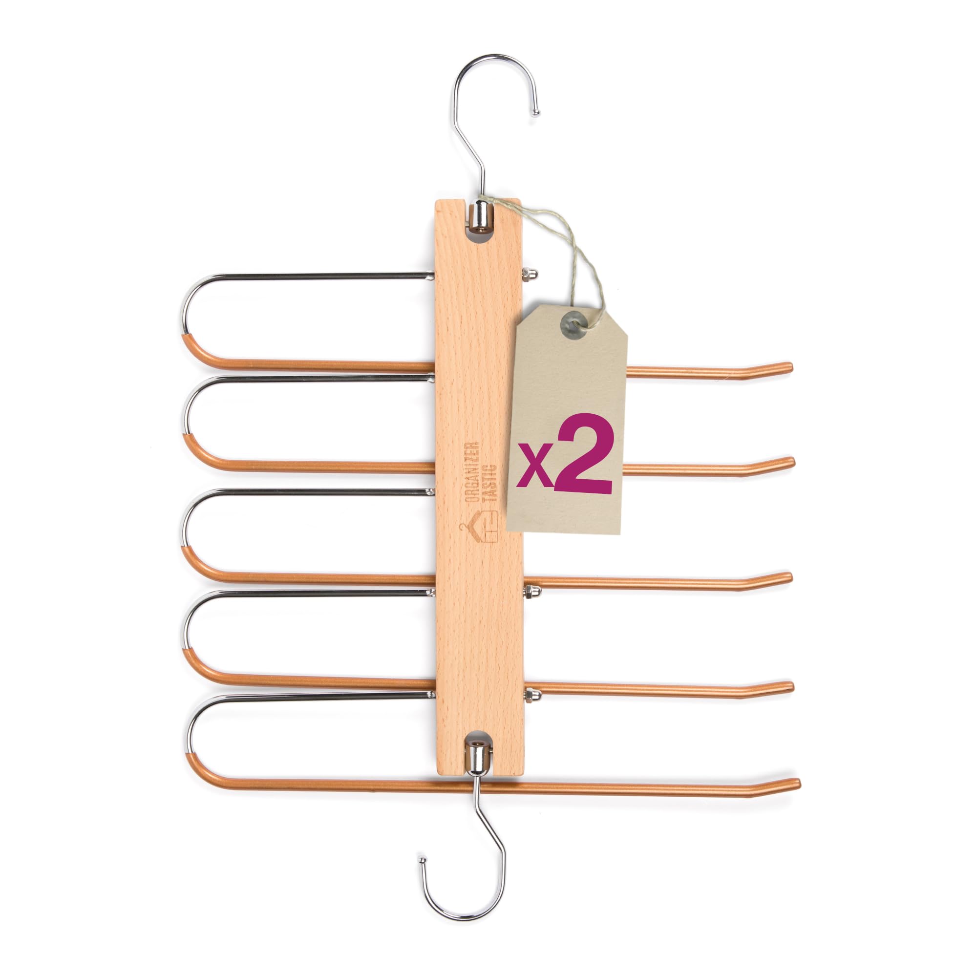 OrganizerTastic Multi-Functional Magic Space-Saving Pants Rack - 2 Pack, 5 Tier Pants Hanger, 360° Rotating Hook, Non-Slip Coating, Scarf, Legging & Jeans Organizer, Solid Beech Wood Construction