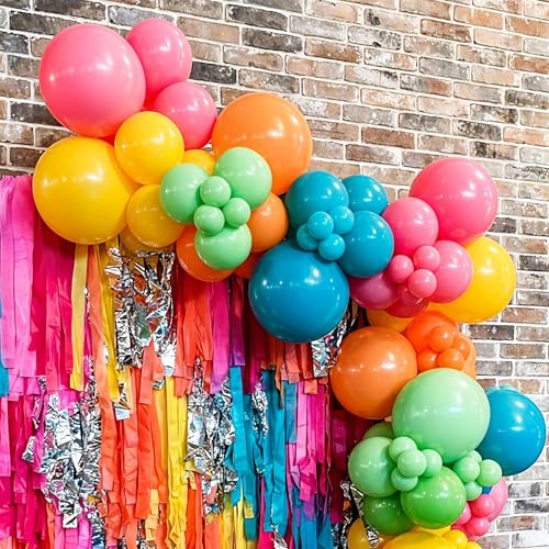 Image of Hawaii Balloons Set, Pack of 60 12 Inch Hot Pink Orange Blue Light Green Yellow Neon Rainbow Latex Balloon for Summer Tropical Flamingo Luau Beach Aloha Baby Shower Birthday Party Decorations Supplies