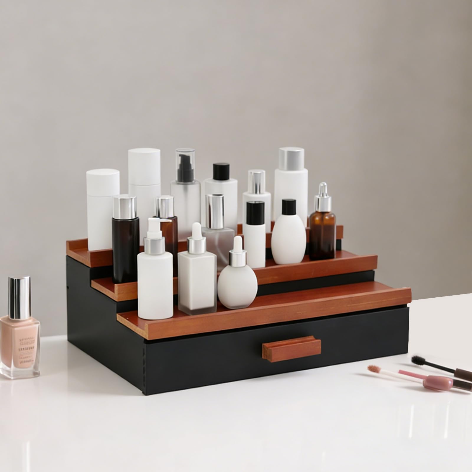 3 poziomy, drewniany organizer na perfumy z szufladą, czarny | 30 x 20 x 10 cm stopniowany stojak na perfumy pudełko do przechowywania figurek, lakierów do paznokci, kosmetyków