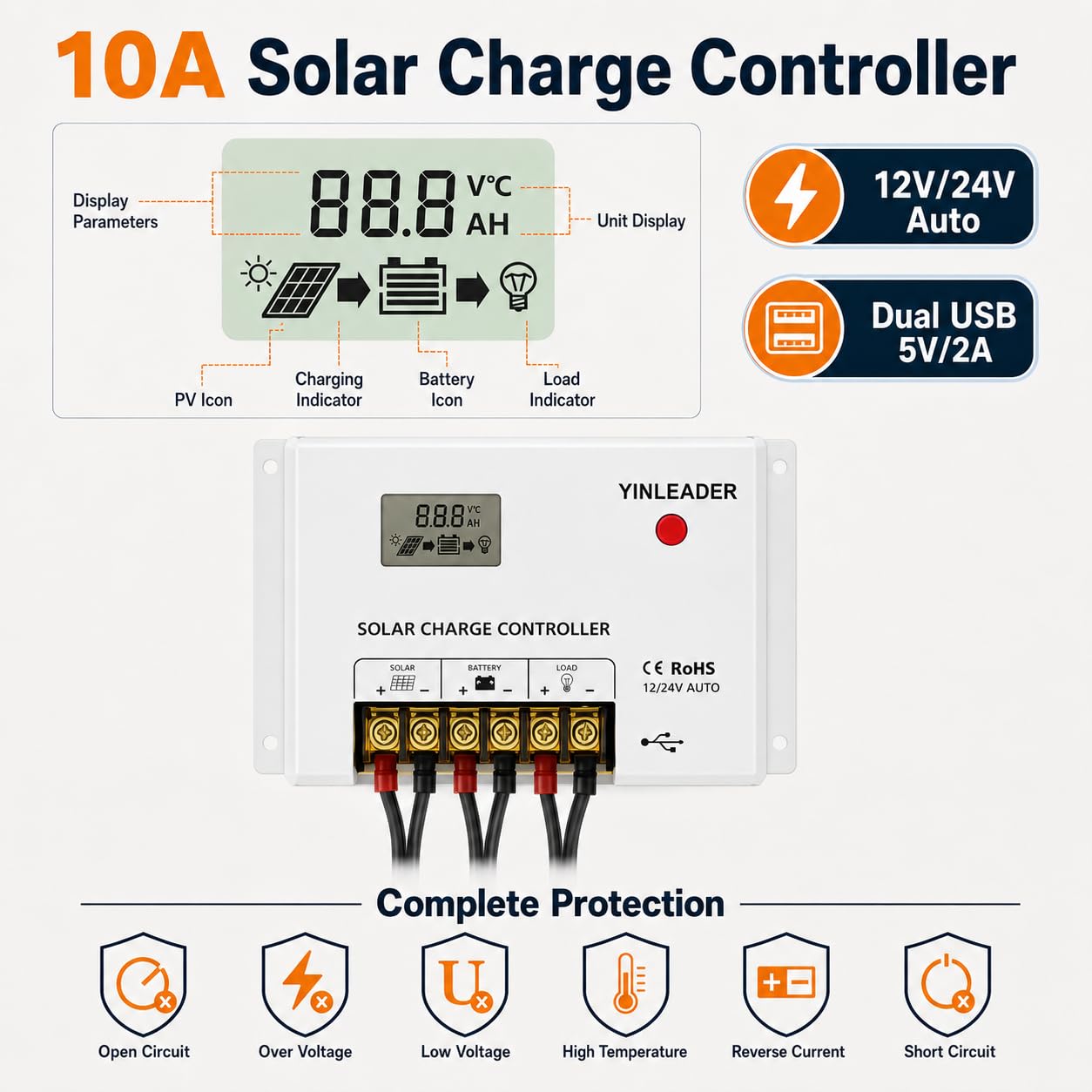 Yinleader Pannello solare da 25 W, 12 V, monocristallino, set completo con regolatore di carica PWM SAE su morsetti a coccodrillo e capicorda ad anello, cavo per batteria auto, camper, roulotte, barca