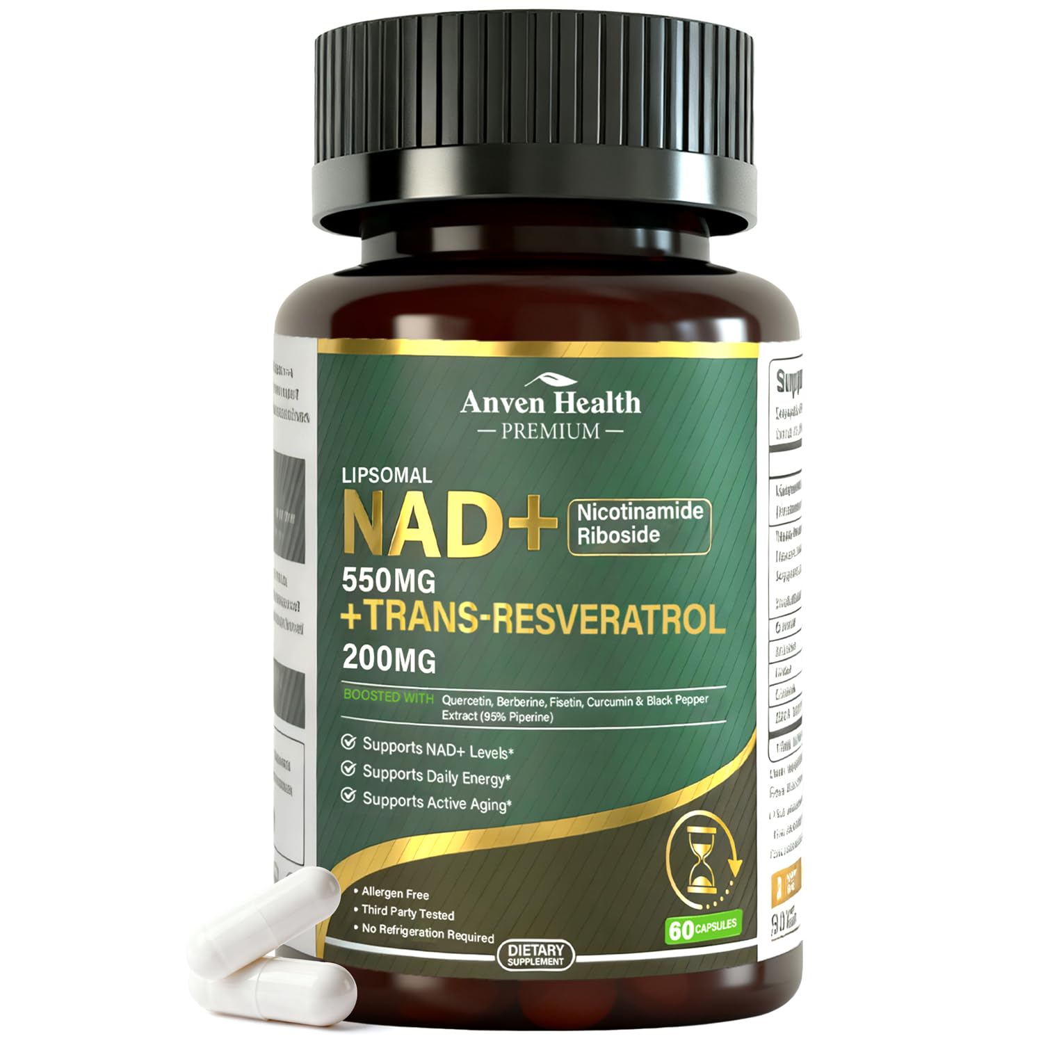Anven Health Suplemento de Resveratrol com NAD+ lipossomal 550 mg e trans-resveratrol 200 mg, 60 cápsulas