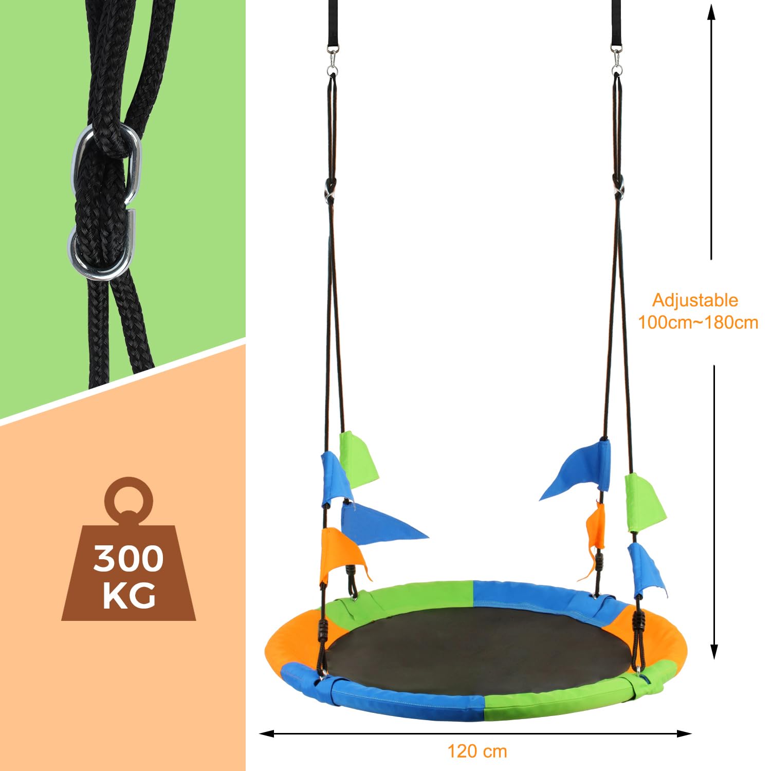 Leogreen Balançoire Nid d'Oiseau Ø 120 cm, Charge Maximale 300 kg, Hauteur Réglable 100-180cm, avec Sangles de Suspension, Idéale pour Jardin & Plein Air (Multicolore)