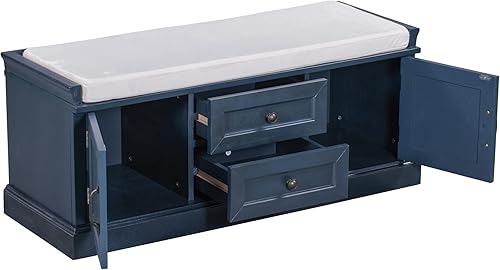 Miniatura 3 de Knocbel 42.5" Entry Storage Bench with Removable Cushion, 2 Drawers and 2 Cabinets, Entryway Hallway Foyer Shoe Bench End of Bed Bench with Aluminum