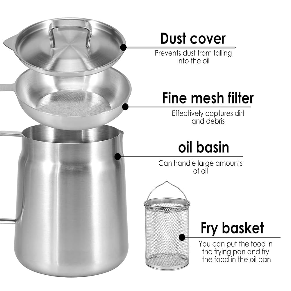 Marmite à Friture 2-en-1 en Inox 304 avec Panier, Pichet Filtre à Huile 2L, Mini Friteuse Induction et Récipient pour Graisse de Bacon, Idéal Cuisine et Camping (1.5L)
