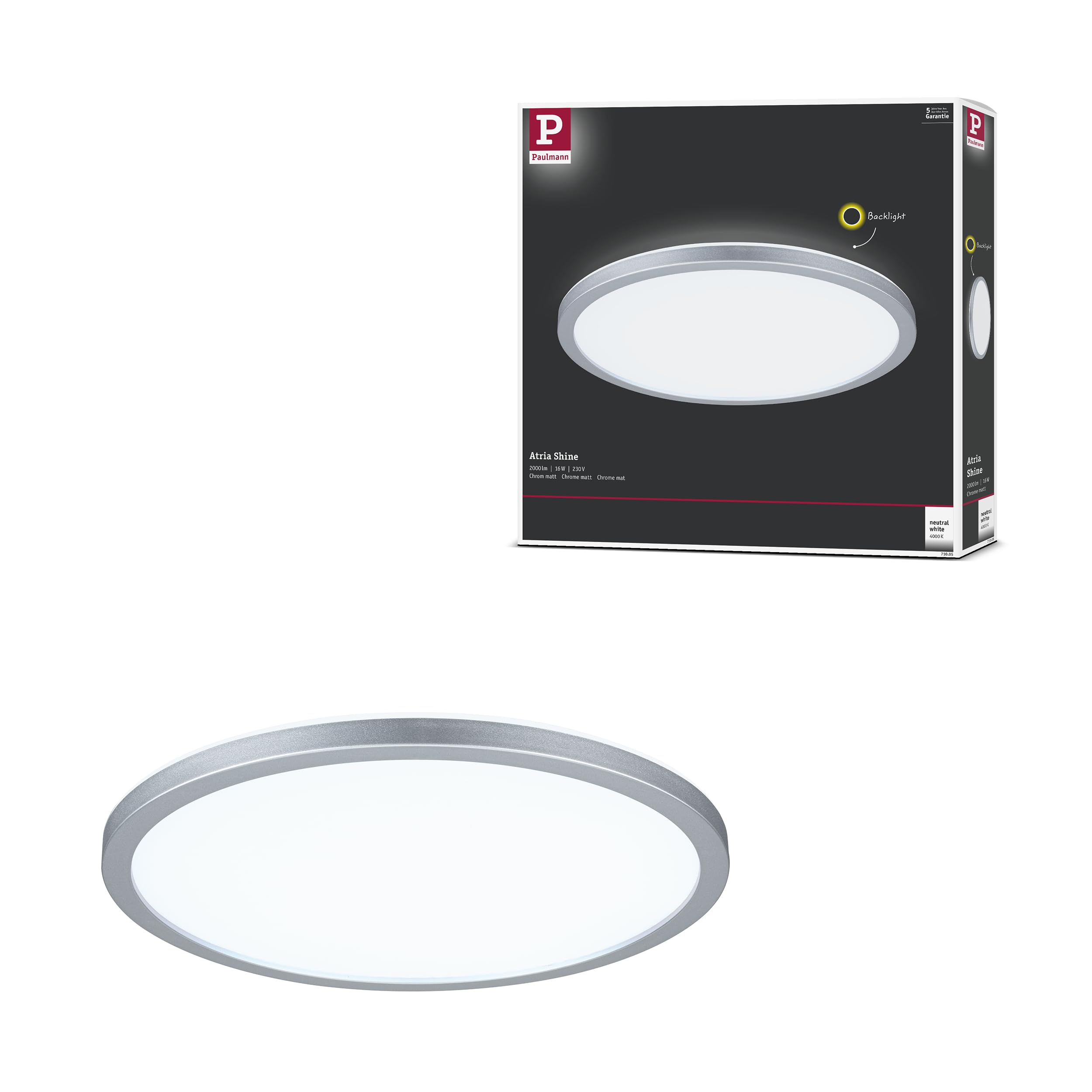 Paulmann 71005 LED Panel Atria Shine 293 mm Round incl. 1x16 W Daylight White Chrome matt Light Panel Plastic Ceiling Panel 4000 K