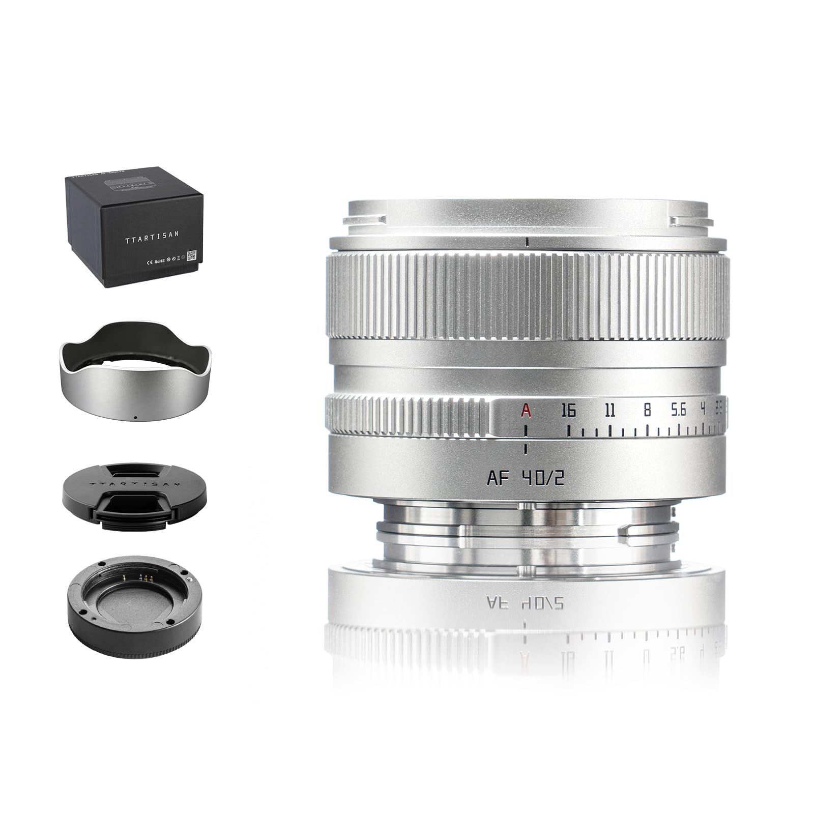 TTARTISAN AF 40mm f/2 Silver for E Mount, Full Frame 40mm f2 Prime Lenses for FE-Mount A7 II A7R II A7R V A7S II A7SIII A7C A9 A1 A5100 A6000 A6400 A6700 NEX-7 NEX-5T NEX-3N ZV-E1 (E-Mount, Silver)