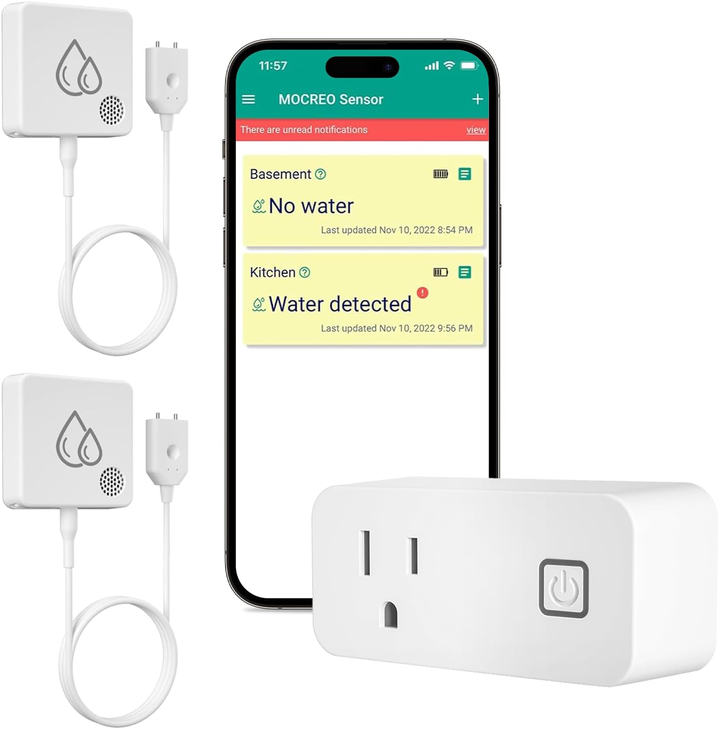 MOCREO SW2 Water Leak Detector with 95dB Alarm, Email Alert, App Notification, No Subscription Fee, Home WiFi Flood Monitor for Basement, Laundry, Pipe Leakage, Sink Overflow - 2Pack