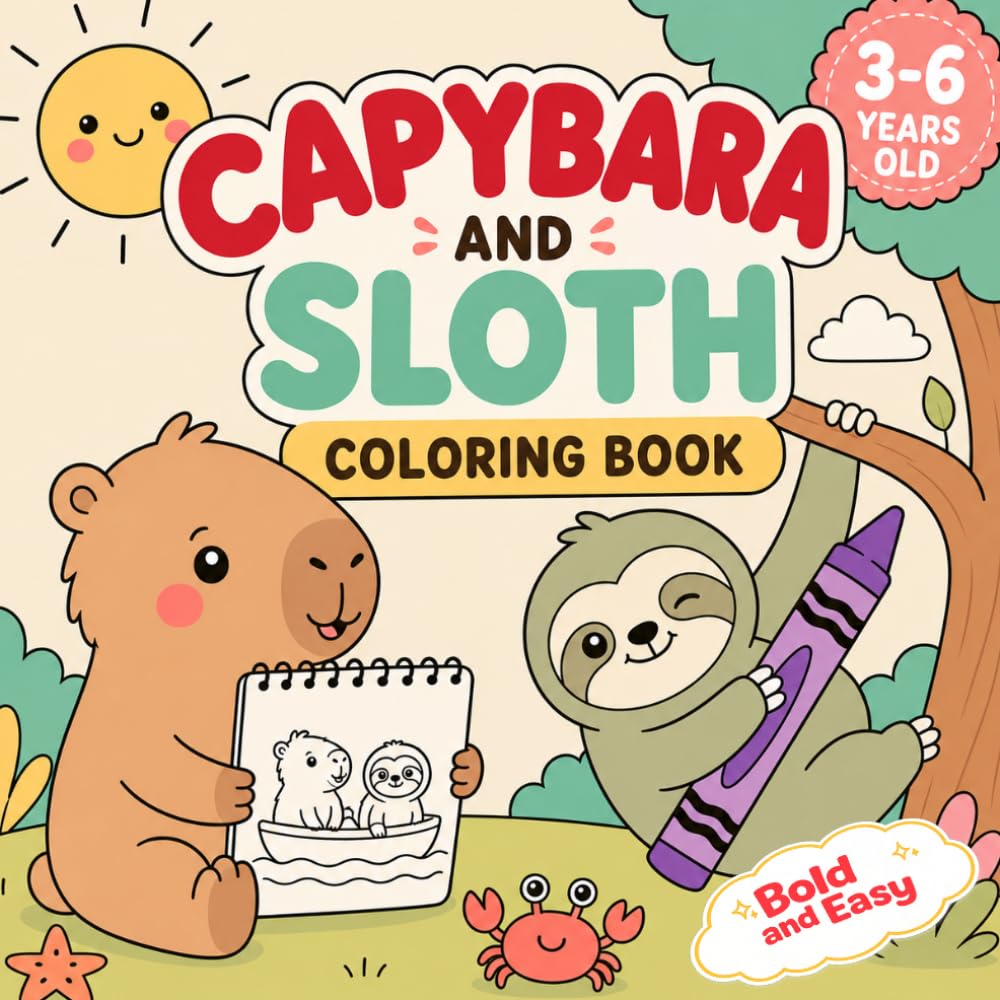 Capybara and Sloth Coloring Book: Bold and Easy Pages for Kids Ages 3-6 with Fun Facts, Interactive Activities and Cute Vacation Adventures