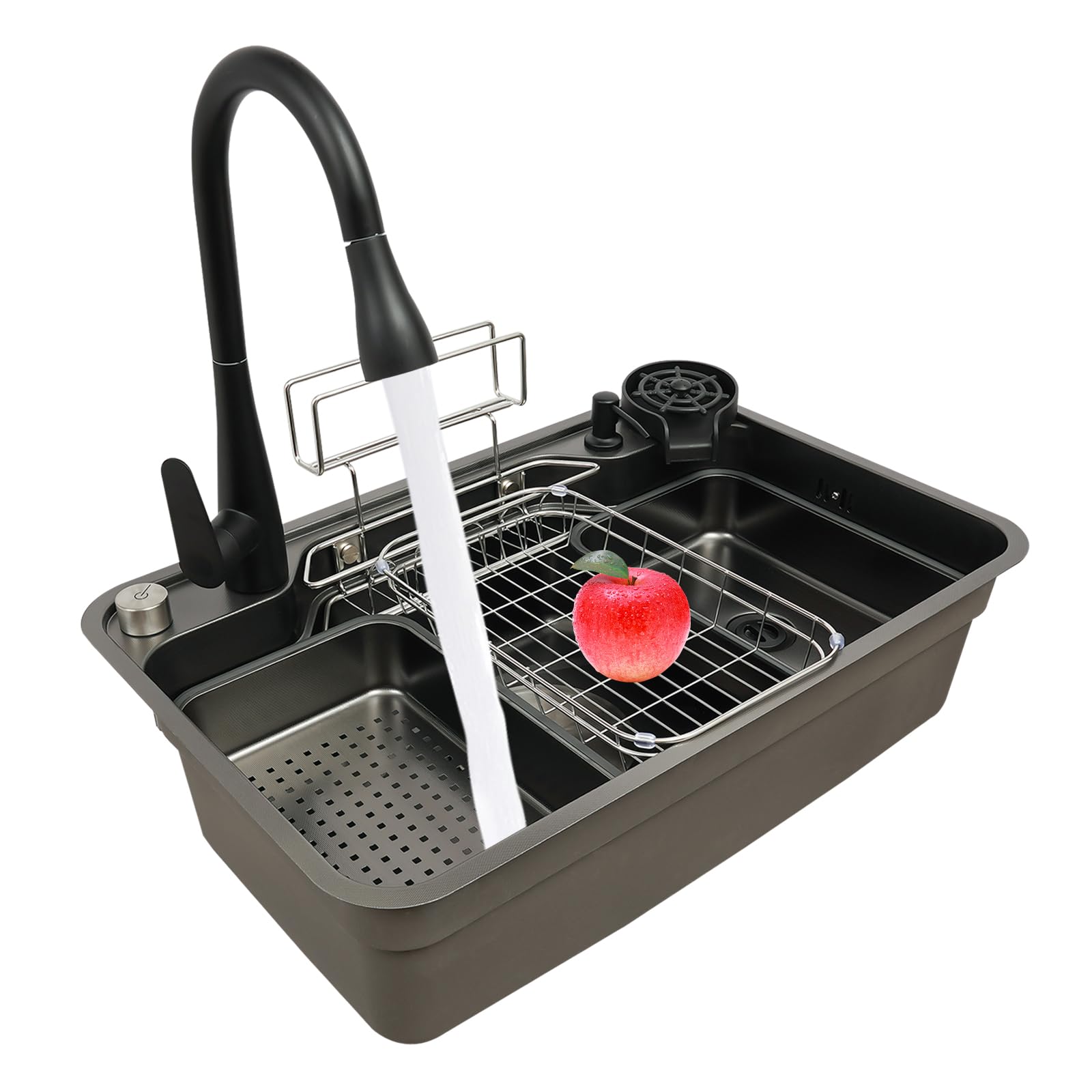Spoelbak 1 Kom 70×45×21,5 Cm Afdruiprek Wastafel Zeepdispenser Wandkeukenmixer Met 2 Jets Zwart
