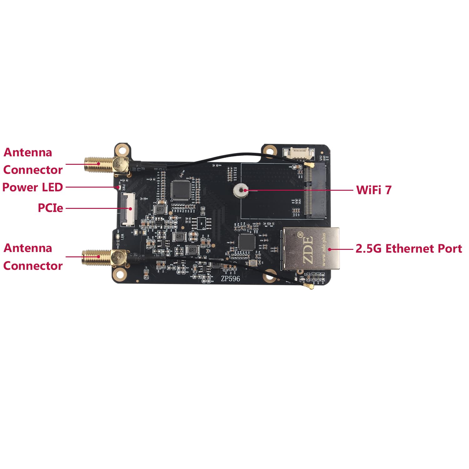ZDE ZP596 PCIe to M.2 E Key WiFi7 2.5G Ethernet Hat for Raspberry Pi 5 | WiFi 7 6 6E 5, PCIe to 2.5GB 2.5GBE Ethernet Network Port HAT Adapter, Support Google TPU BE200 AX210 MT7922 AX200