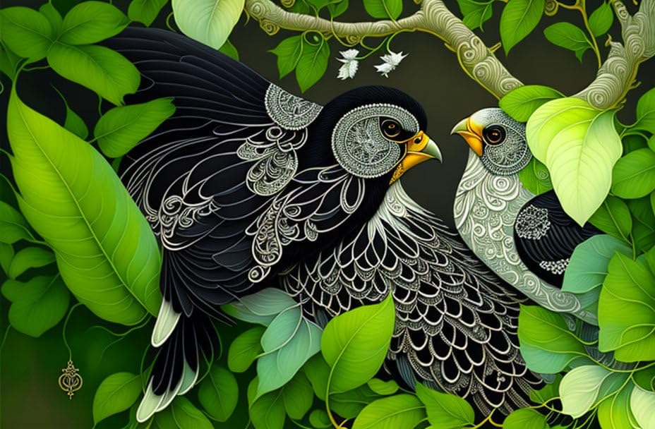 Toile murale oiseaux dentelle noire et blanche pour salon moderne 50x70cm