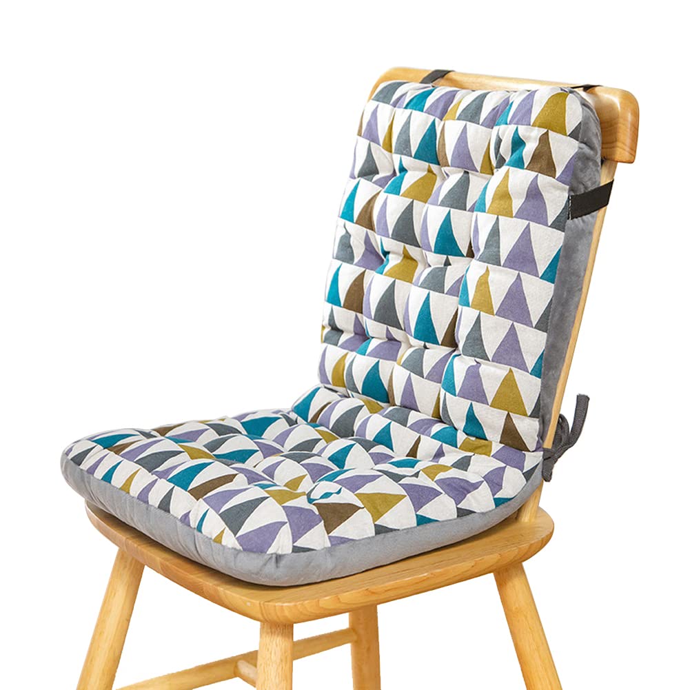 kuyouqi Linen Print Chair Cushion with Back Cushion Support, Soft Velvet Seat Pad Fixable Reversible One-piece Seating Cushions for Dining Office Garden (35x45x57cm(LxWxH), Colourful Triangle)