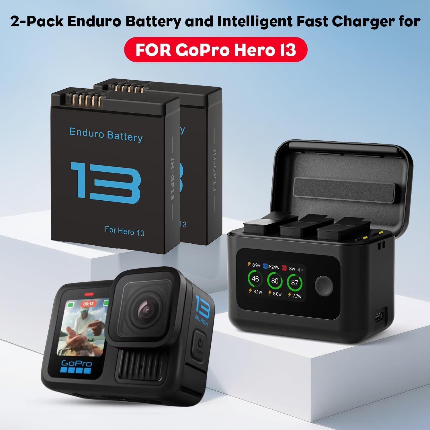 Treeboy Hero 13 Battery 2-Pack 2100mAh with 27W Fast Intelligent Bi-Directional Charging Hub for Gopro Hero 13,w/LCD Display Shows Battery SOC