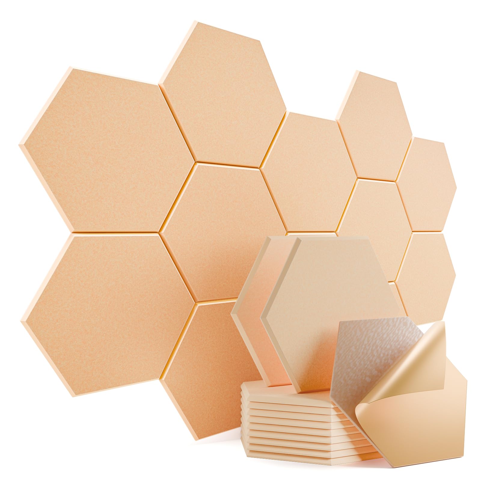 12 Pack Self-Adhesive Acoustic Panels 12" X 10" X 0.4" - Sound Proof Foam Panels with High Density, Hexagonal Design, Flame Resistant, Absorb Noise and Eliminate Echoes(Light Apricot)