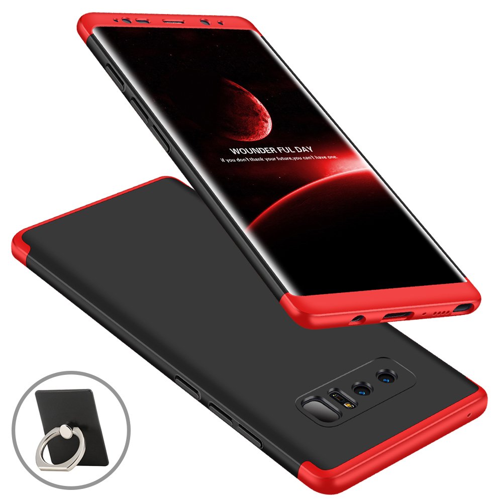 Galaxy Note 8 Case, Ultra Thin Full Body 360 Degree Slim Fit Hard Protective Skin Case Cover with Screen Protector Ring Kickstand for Samsung Galaxy Note 8 6.3 Inch (Black and Red)
