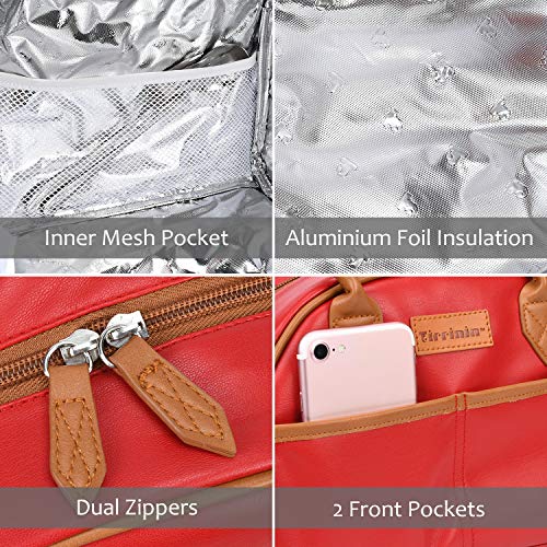 Tirrinia Insulated Lunch Bag For Women W/Leather Handle, Reusable Tote Bag For Men, Fashionable Cooler Lunch Box For Working/Picnic - Red #TOP3