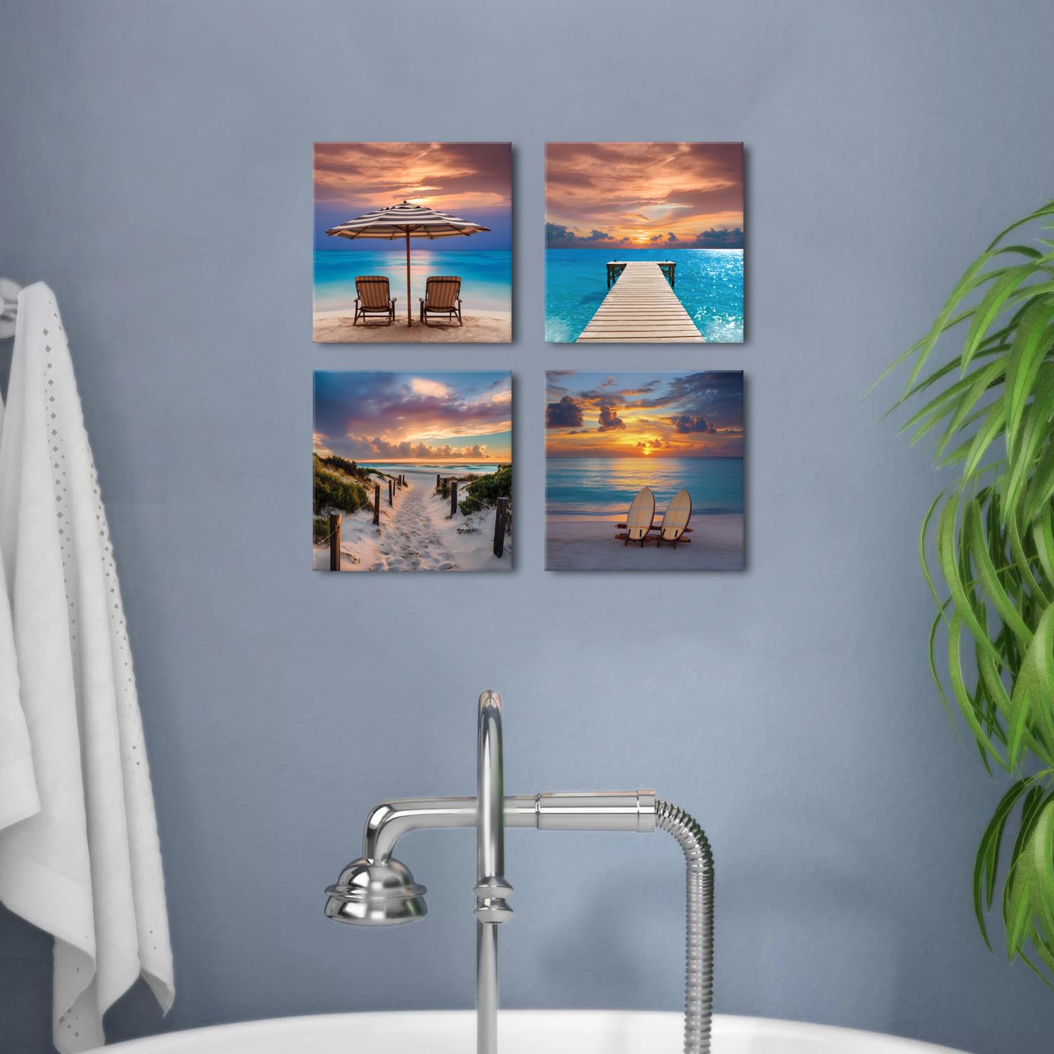 4 Pieces Beach Bathroom Wall Art Seaside Pictures for Walls Blue Ocean Pictures for Living Room Decor Blue Coastal Scenery Wall Canvas Painting Modern Nature Seascape Artwork Home Decorations 30x30cm - Image 4