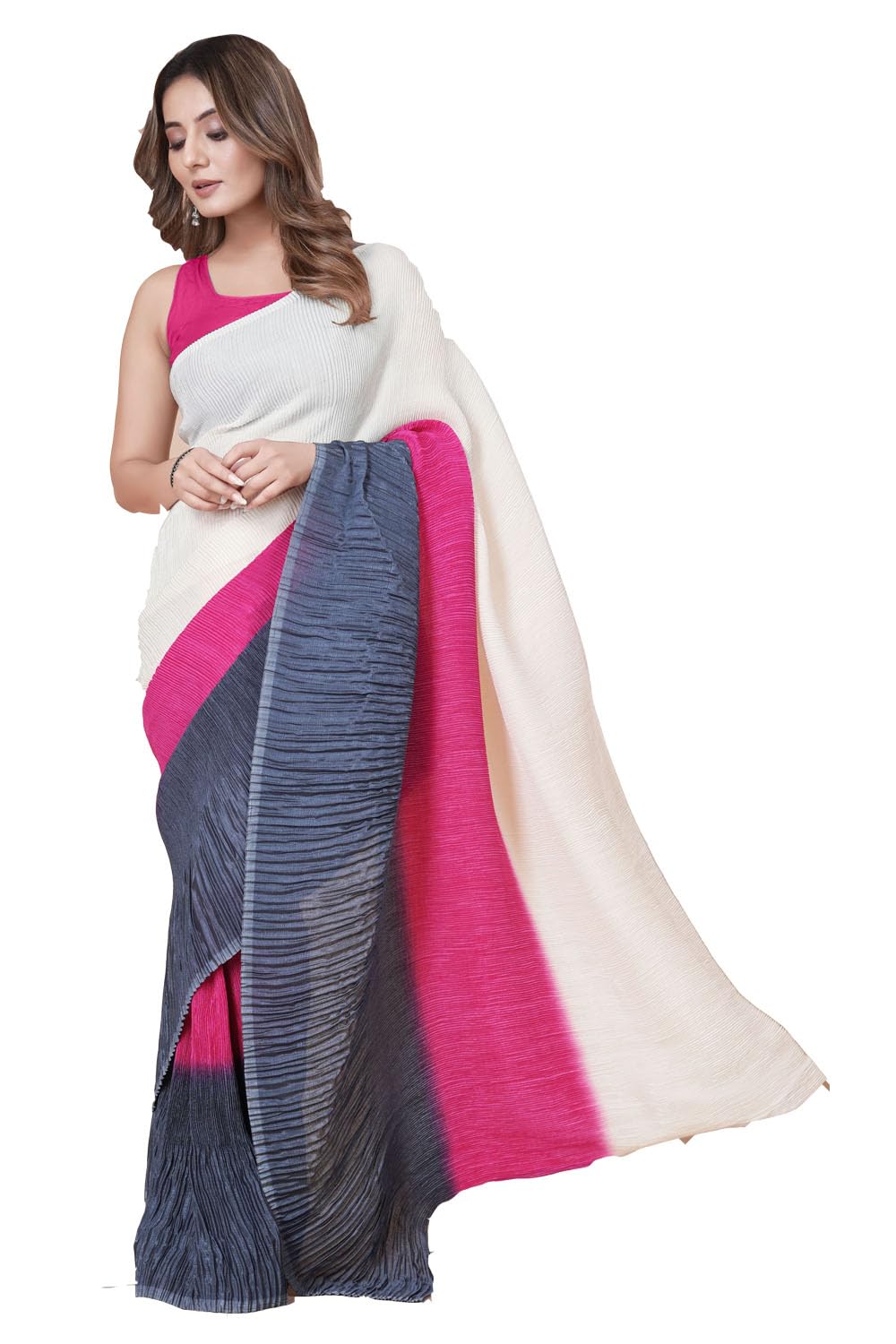 MISILYwomen's Full Crushed Georgette Tri-color saree with blouse piece