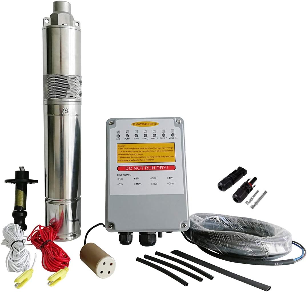 - 3-Year Warranty Solar Water Pump Kit - Stainless 316 Solar-Powered Submersible Pump for Ponds & Borehole Wells, MPPT Controller Included | PWS High-Efficiency Design,JS3-1.8-80