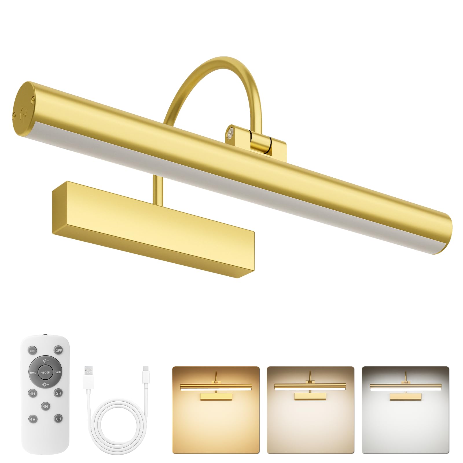 Bridika Picture Light for Wall with Remote, Rechargeable Battery Operated Picture Light, 3 Color Modes and Dimmable Classic Art Lights for Paintings, Gallery, Bedroom, Bathroom with Timer Gold 1