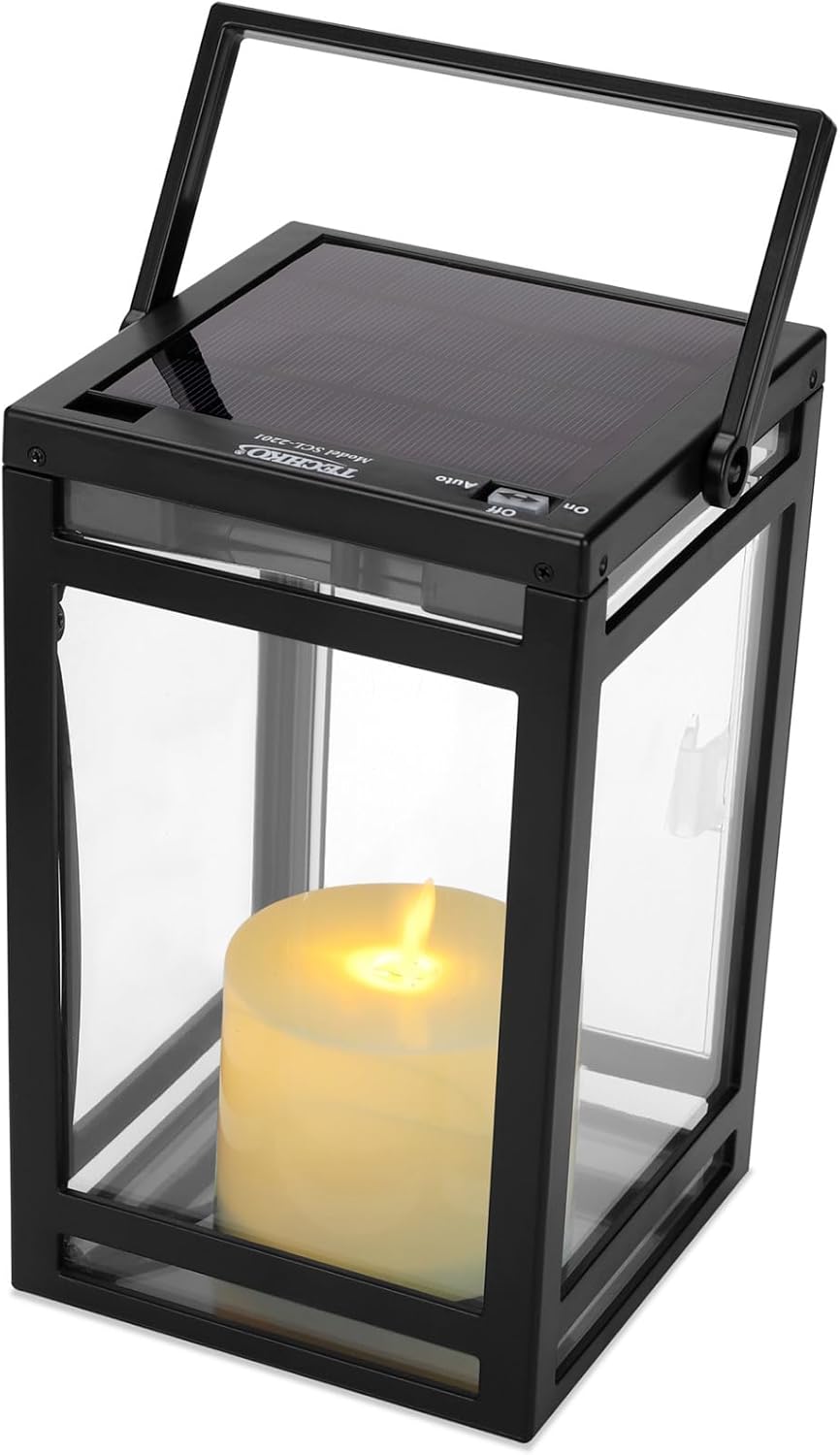 Techko Outdoor Solar Flickering Candle Lantern Farmhouse Modern Light Design with Handle, Realistic Safe Flameless, Waterproof IP65