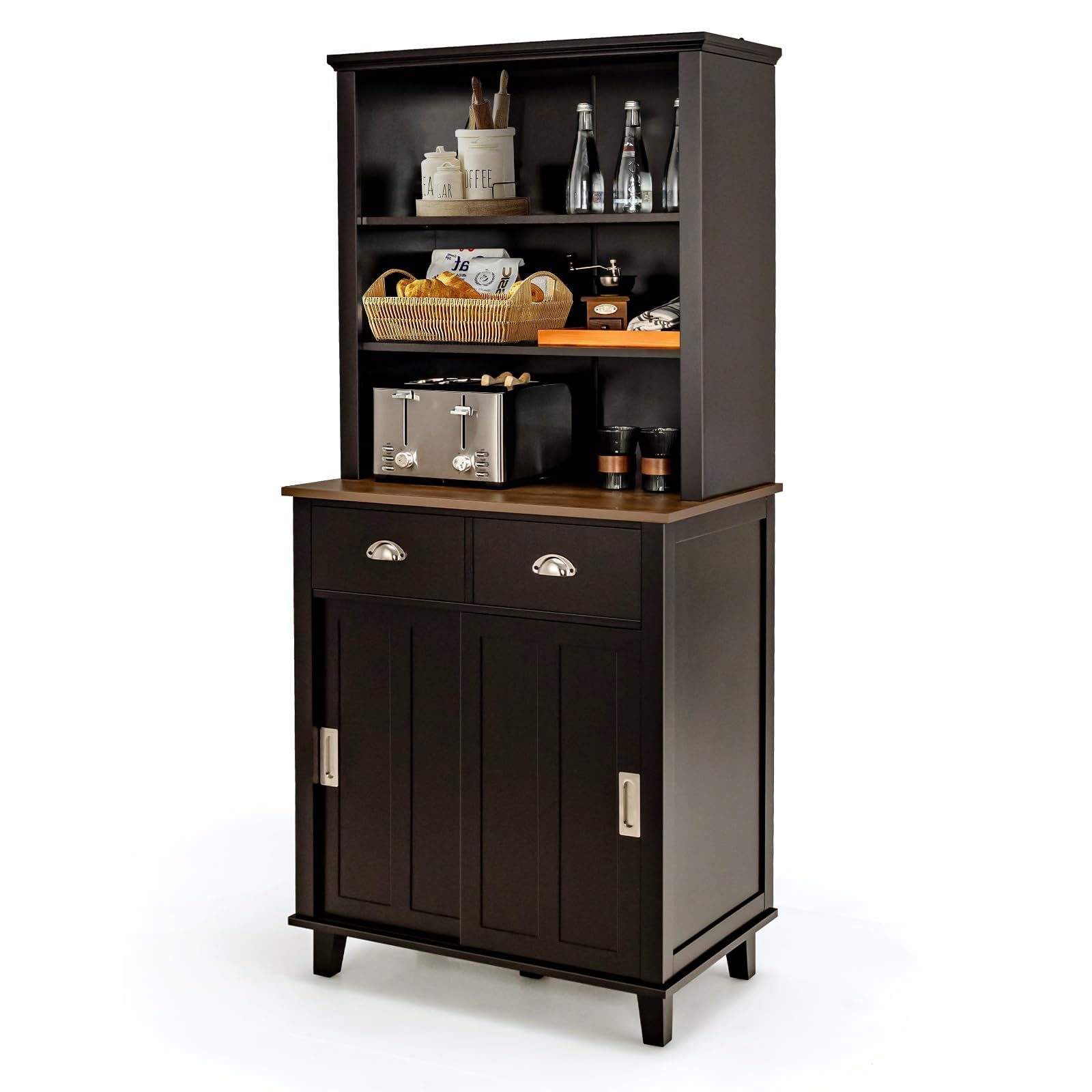 GLOBALWAY 67" Kitchen Pantry Storage Cabinet, Sliding Door Buffet Sideboard with 3-Tier Hutch & Microwave Countertop, Freestanding Cupboard with Drawers & Adjustable Shelves for Kitchen (Brown)
