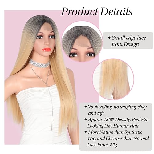 Miniatura 2 de Kalyss Peluca de encaje frontal con borde sintético de 26 pulgadas para mujer, con reflejos negros y marrones, raya media con raíces oscuras,