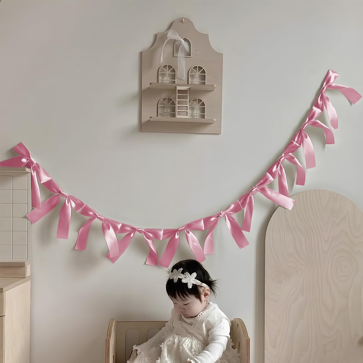 Pink Bow Garland Banner for Wedding Table Decor, 6ft Bow Hanging Banner for Birthday, Party Bridal Baby Shower Supplies and Bachelorette Party Favors
