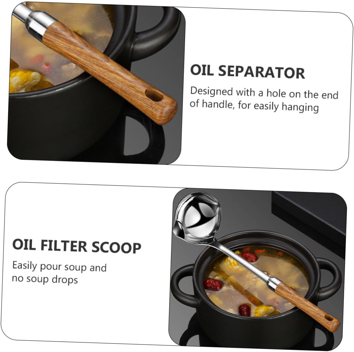 2pcs Stainless Steel Oil Filter Spoon Handle Practical Oil Separator for Kitchen Cookware for Grease and Fat Separation