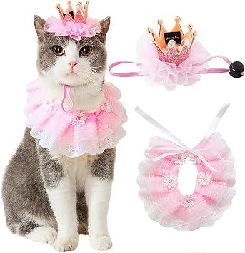 Cat Princess Costumes Cat Crown Hat & Lace Bandana Scarf Set, Puppy Party Hat for Small Dogs & Cats, Lace Outfit for Cats and Small Dogs Birthday Party Pink