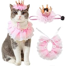 Cat Princess Costumes Cat Crown Hat &amp; Lace Bandana Scarf Set, Puppy Party Hat for Small Dogs &amp; Cats, Lace Outfit for Cats and Small Dogs Birthday Party (Pink)