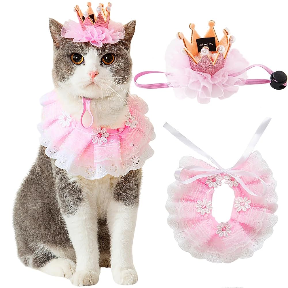 Cat Princess Costumes Pink Cat Crown Hat & Lace Bandana Scarf Set, Puppy Part Hat for Small Dogs & Cats, Pink Outfit for Cats and Small Dogs Birthday Party