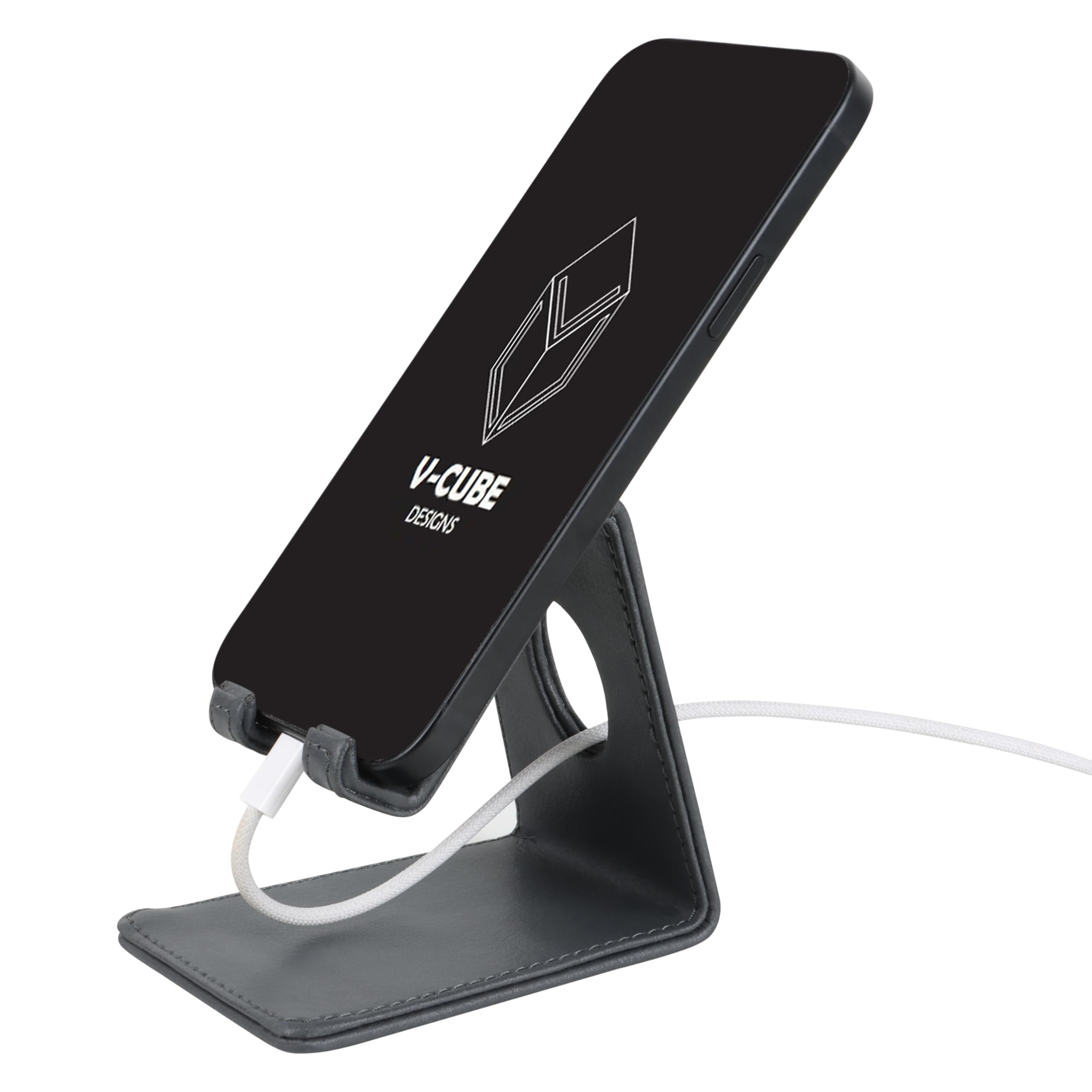 V-CUBE DESIGNS Premium Vegan Leather Universal Mobile Holder | Steel Frame | Angular Desk Phone Stand with Anti-Slip Leather Surface | Fits all Smartphones, Tablets, Kindle, iPad up to 7 Inches | Grey-image-34