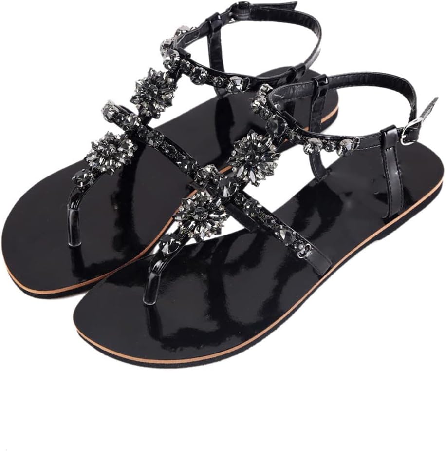 Summer Women Beach Flat Sandals Shining Rhinestones Shoes Boho T-Strap Flip Flops Diamond Slipper