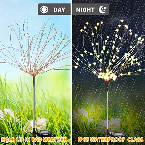 welltop Firework Solar Lights, Upgrade Creative Firework Solar Garden Lights, IP65 Waterproof 120 LED Solar Copper Wire String Lights with 2 Lighting Modes for Garden, Lawn, Courtyard, Balcony, 2 Pack