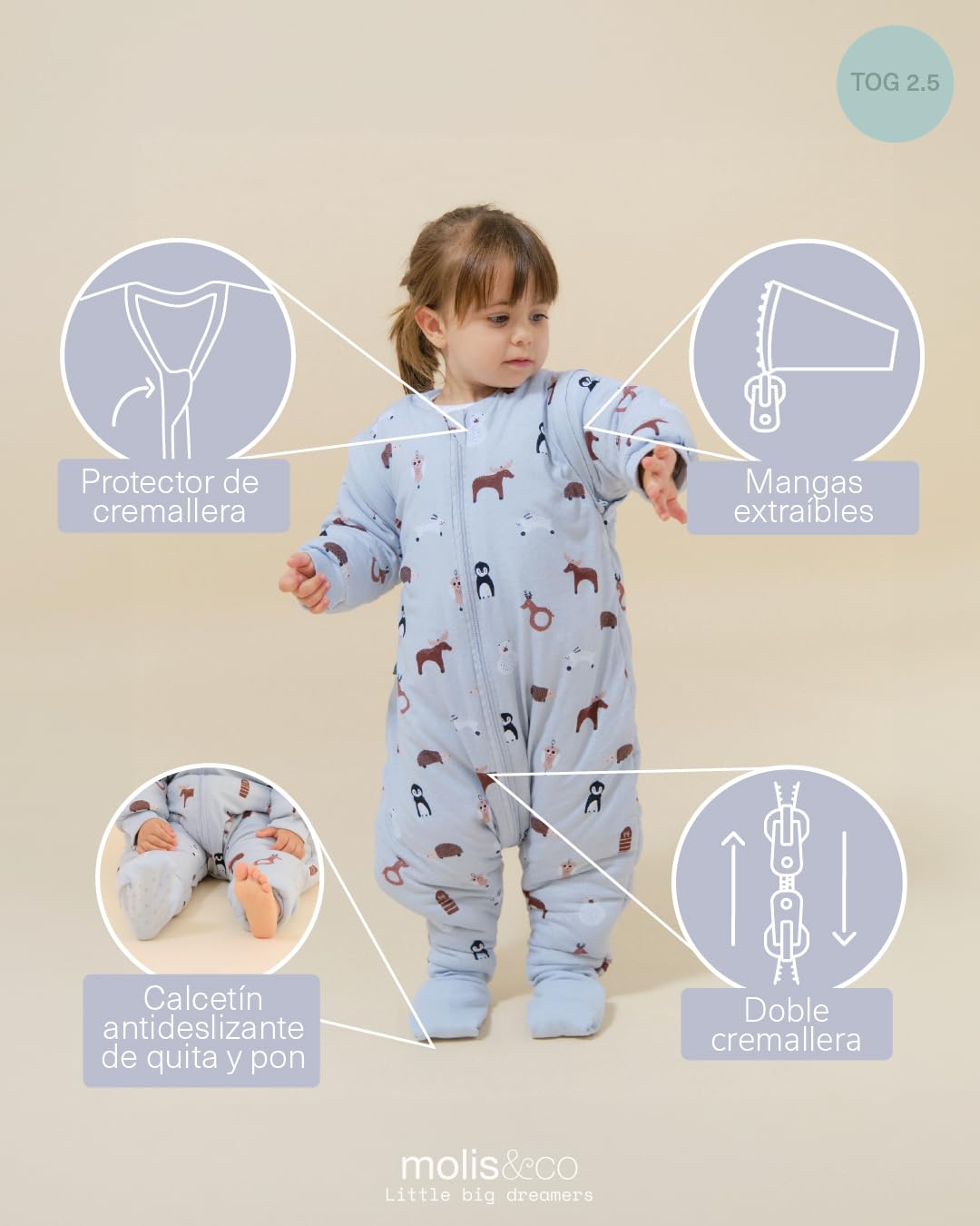 molis&co. Pijama Manta con Mangas Desmontables, Calcetines Antideslizantes, TOG 2.5 Estampado Winter Animals, Algodón 100%, Oeko-Tex 100 Certificado, 3 años
