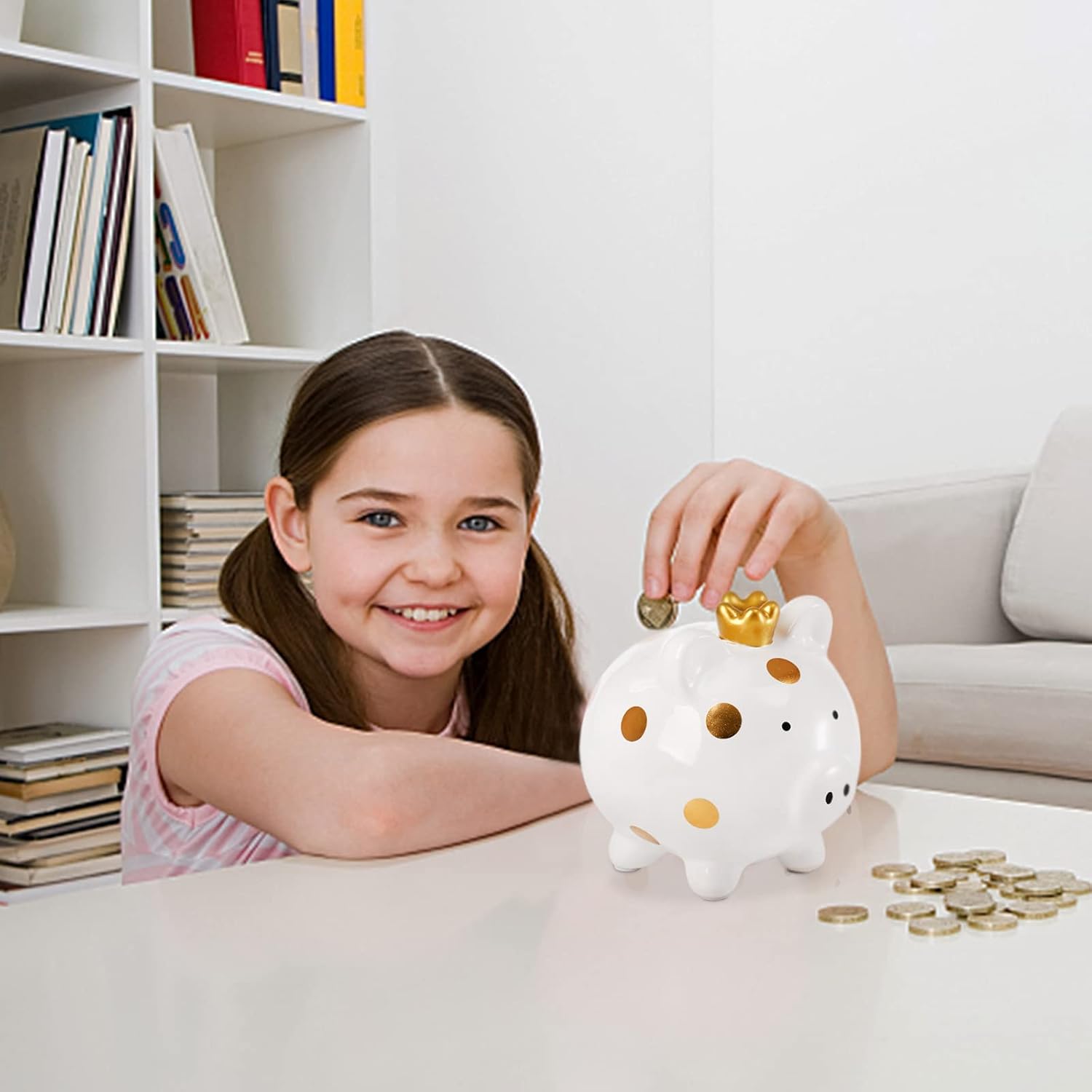 Cartoon Ceramic Piggy Bank Crown Pig Coin Bank Coin Box Money Bank Coin Saving Box for Adults for Boys Girls for Kids (White)