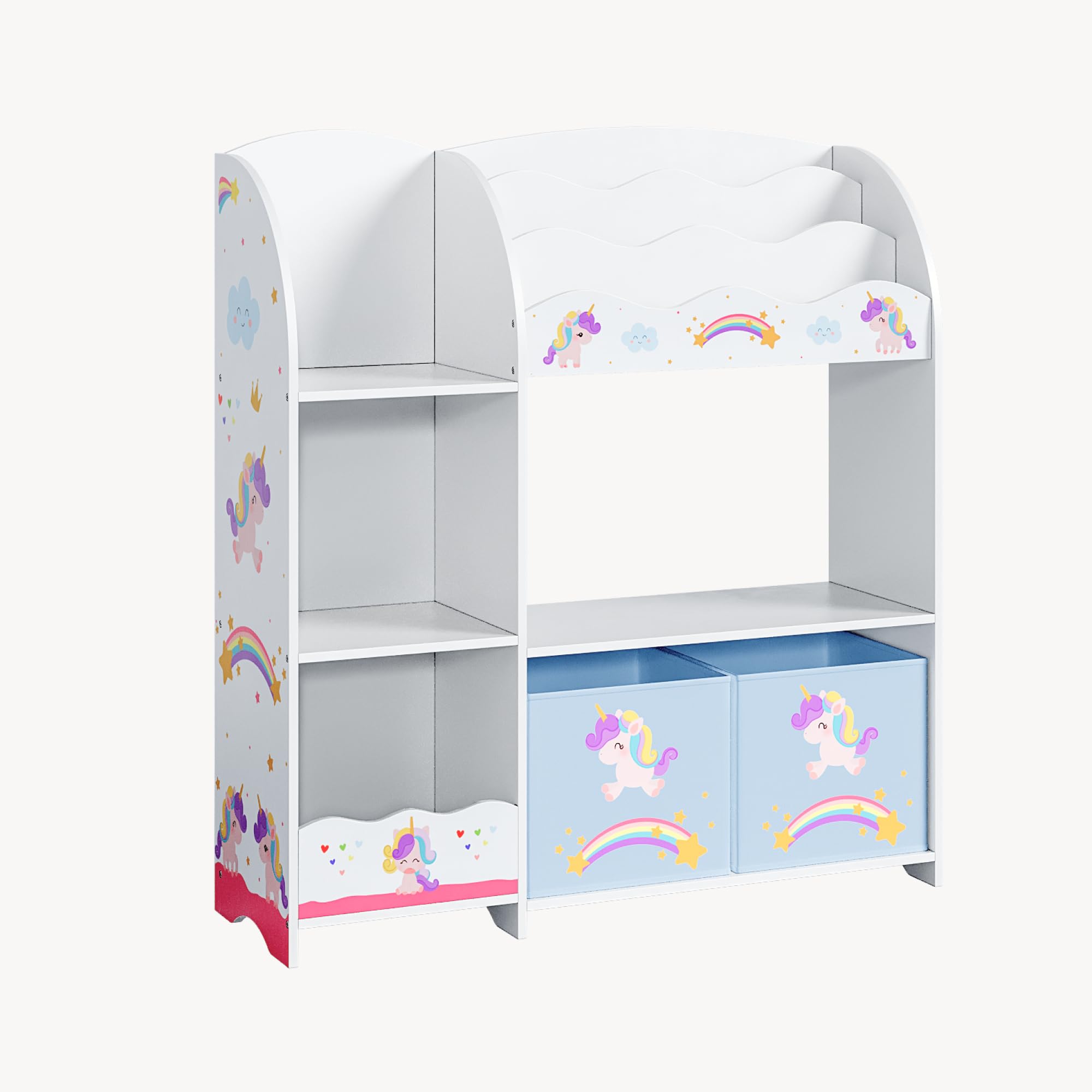 [en.casa] Scaffale per Cameretta con Ripiani 2 Scatole Porta Giochi Contenitori a Scaletta per Bambini Mobile Organizzatore a Misura di Bimbi - Design a Unicorno