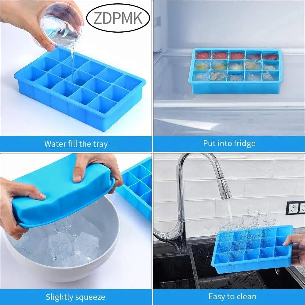 ZDPMK 2 Pack Ice Cube Trays, Silicone Ice Cube Trays Molds，Easy Release Flexible Ice Cube Molds 15 Ice Cubes Tray for Freezer，Cocktail，Whiskey，Reusable & BPA Free