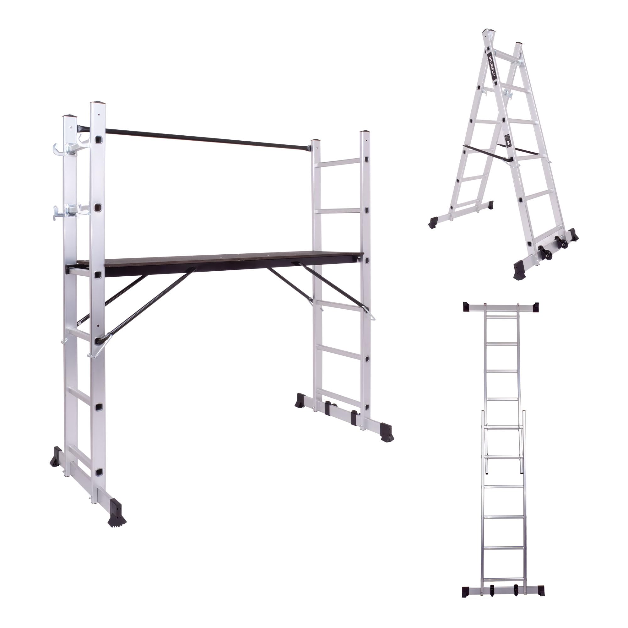BOUDECH® RIG 100 – Impalcatura Multifunzione Trabattello 3 in 1 H165,5 cm Scala Ponteggio da Lavoro con Ruote in Alluminio Portata max 150 Kg