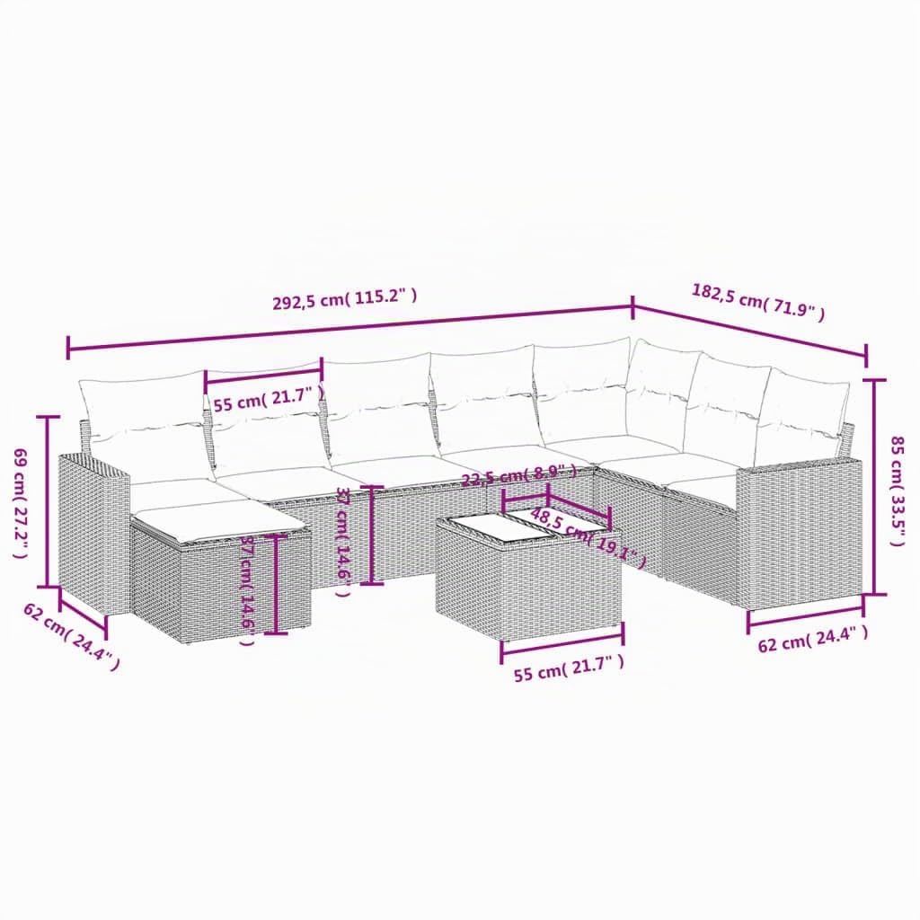 Conjunto Jardín de Ratán con Almacenamiento Conjunto Jardin Exterior Muebles Jardin Exterior Sofá de Esquina Sofá para Jardin Terraza Resistente a la Intemperie-Beige y Crema-9 pzas/Tipo 2