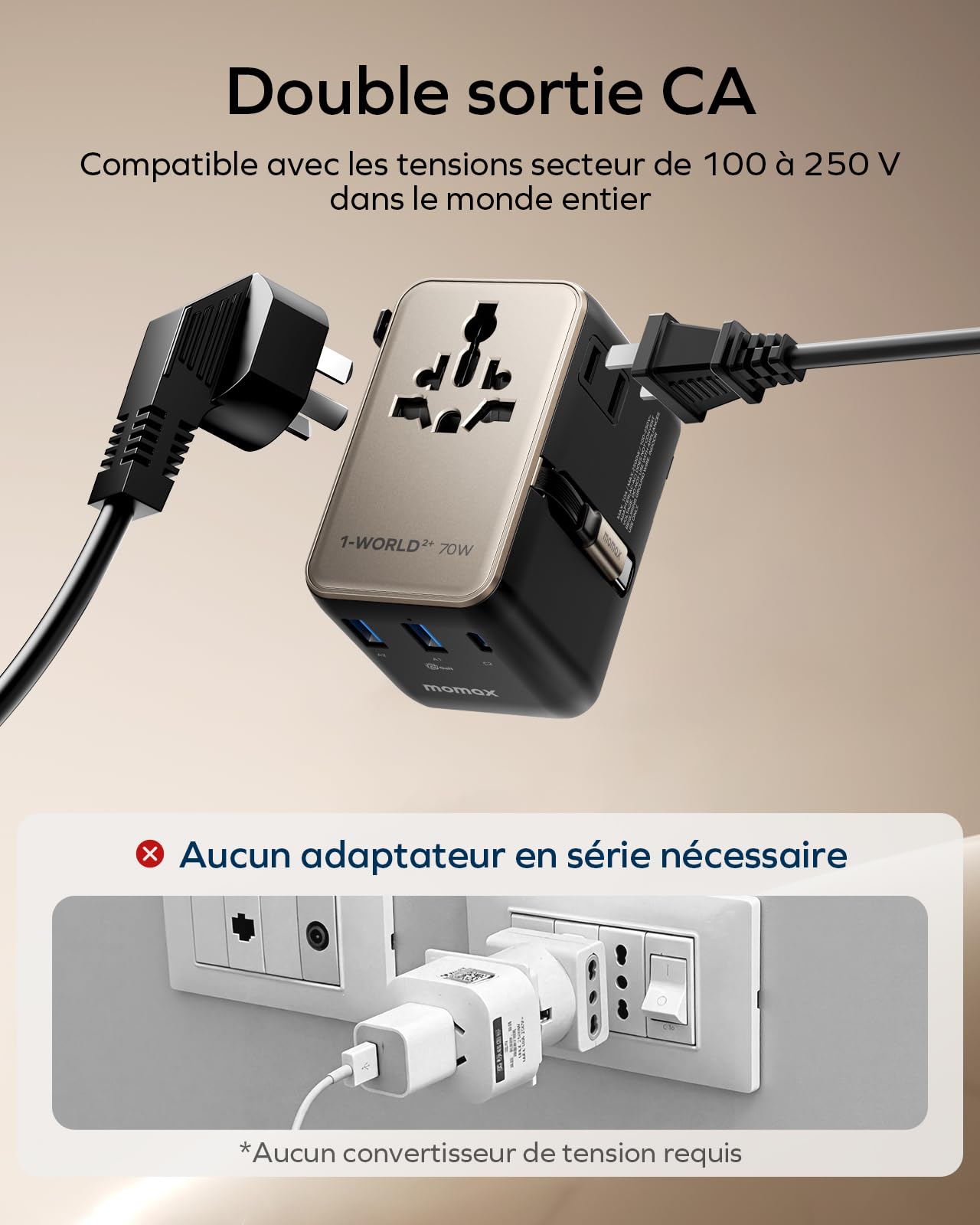 MOMAX Adaptateur de Voyage 70 W avec Câble Extensible, Compatible avec Le Monde Entier, Doté de 2 Prises Secteur, 2 Prises USB-A et 2 Prises USB-C. Adaptateur de Voyage International - Titane