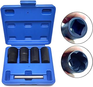 JEUCLEL 5PCS Twist Lug Nut Socket Set - 1/2 inch Drive Damaged Nut Lock Remover Extractor - Rusted & Stubborn Locking Nut Removal Tool Kit with Metric 17mm 19mm 21mm 22mm Sockets & Center Punch Bar