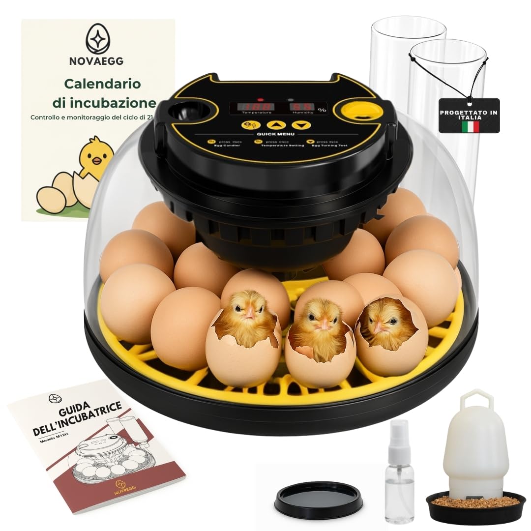 INCUBATRICE AUTOMATICA per Tutti i Tipi di Volatili |12-16 uova|controllo di temperatura, umidità e girauova|include calendario,mangiatoia,abbeveratoio e guida|senza batteria,alimentazione di rete 35W