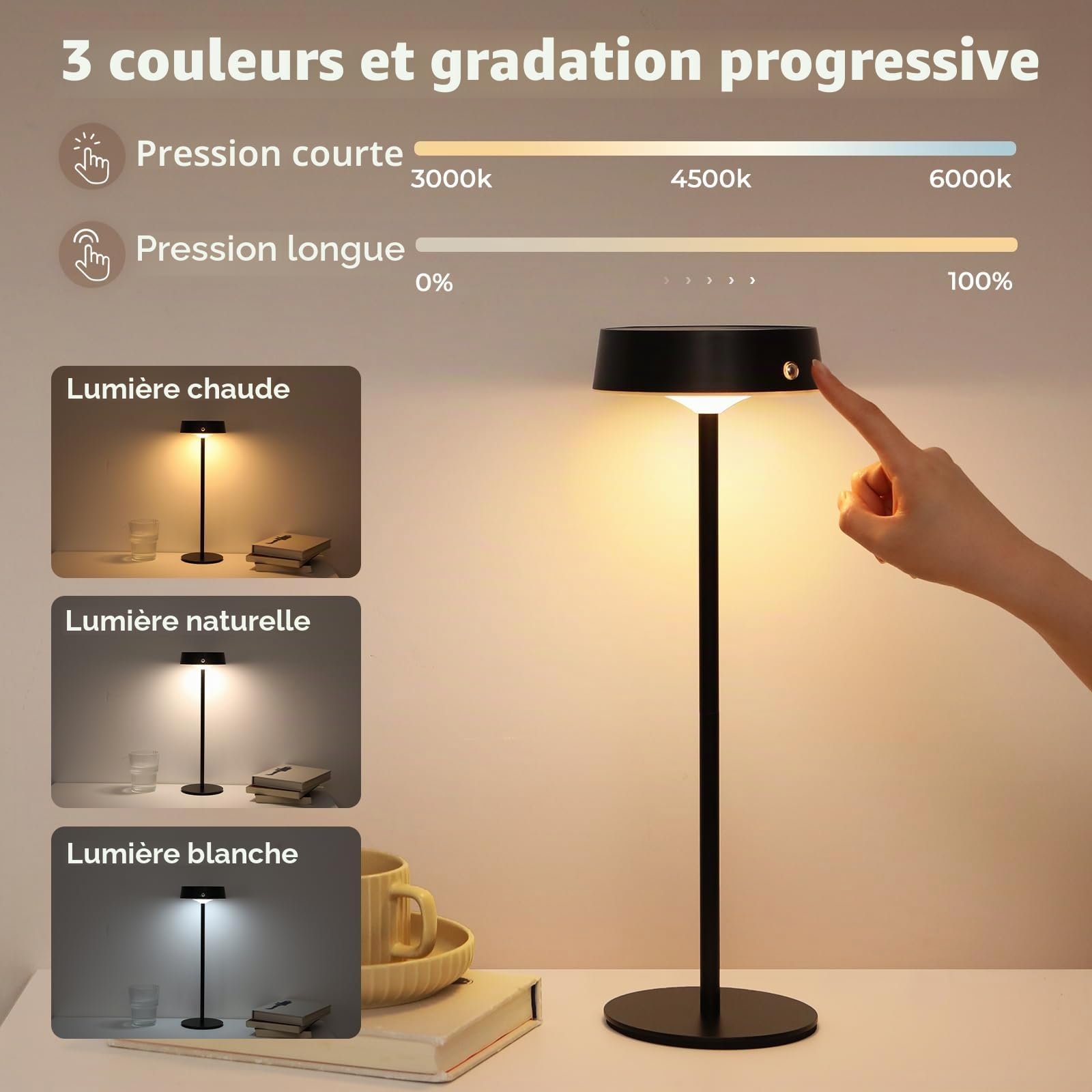 Lampe de Table LED Sans Fil 2 Pièces, Lampe Chevet Rechargeable Tactile, Hauteur Réglable, Luminosité et 3 Températures de Couleur Variables, Aluminium Noir IP65, Pour Salon Chambre