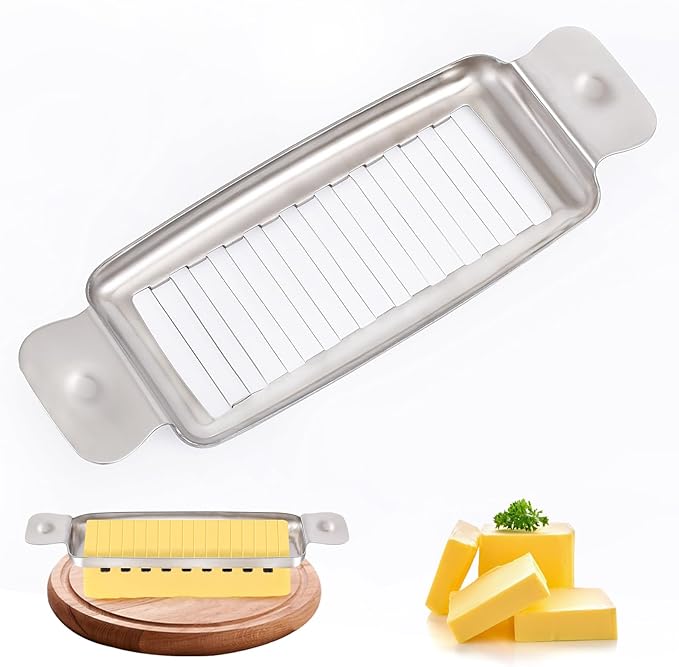Stainless Steel Butter & Cheese Slicer – 18 Sharp Wires for Even 1/4-Inch Slices, Ergonomic Handle, Multipurpose Handheld Food Cutter for Butter, Cheese & Soft Fruits, Dishwasher Safe