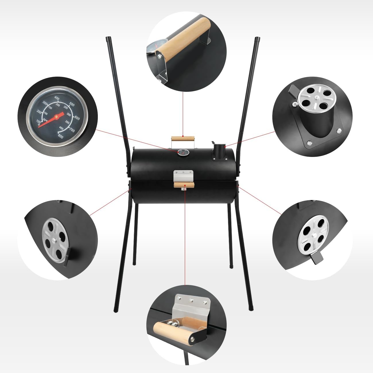 Portable Charcoal Grill with Thermometer, Double-sided Smoker Grill for Outdoor Patio Backyard Camping and Parties