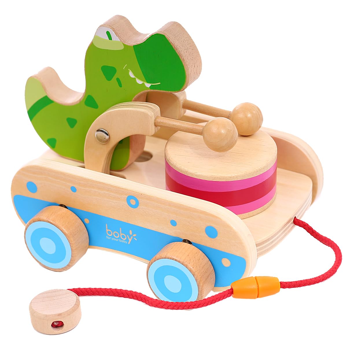 Baby Gift Wooden Toddler Pull Toy, Crocodile Drum Tapping Children's Toy, Baby dragging and Learning to Walk, Rope Traction Rope Crawling for Toddlers Ages 1+
