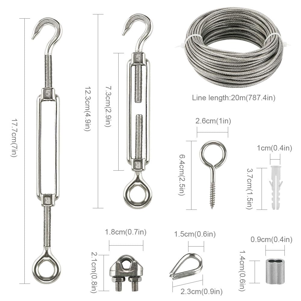 Kits de Câble en Acier Inox, 20m Câble Acier Galvanisé, Kit de Câble Métallique avce Tendeur Oeil-crochet M5, Attaches pour Câbles Métalliques, Manchons de Sertissage, Pitons Fermé, Cosse Coeur