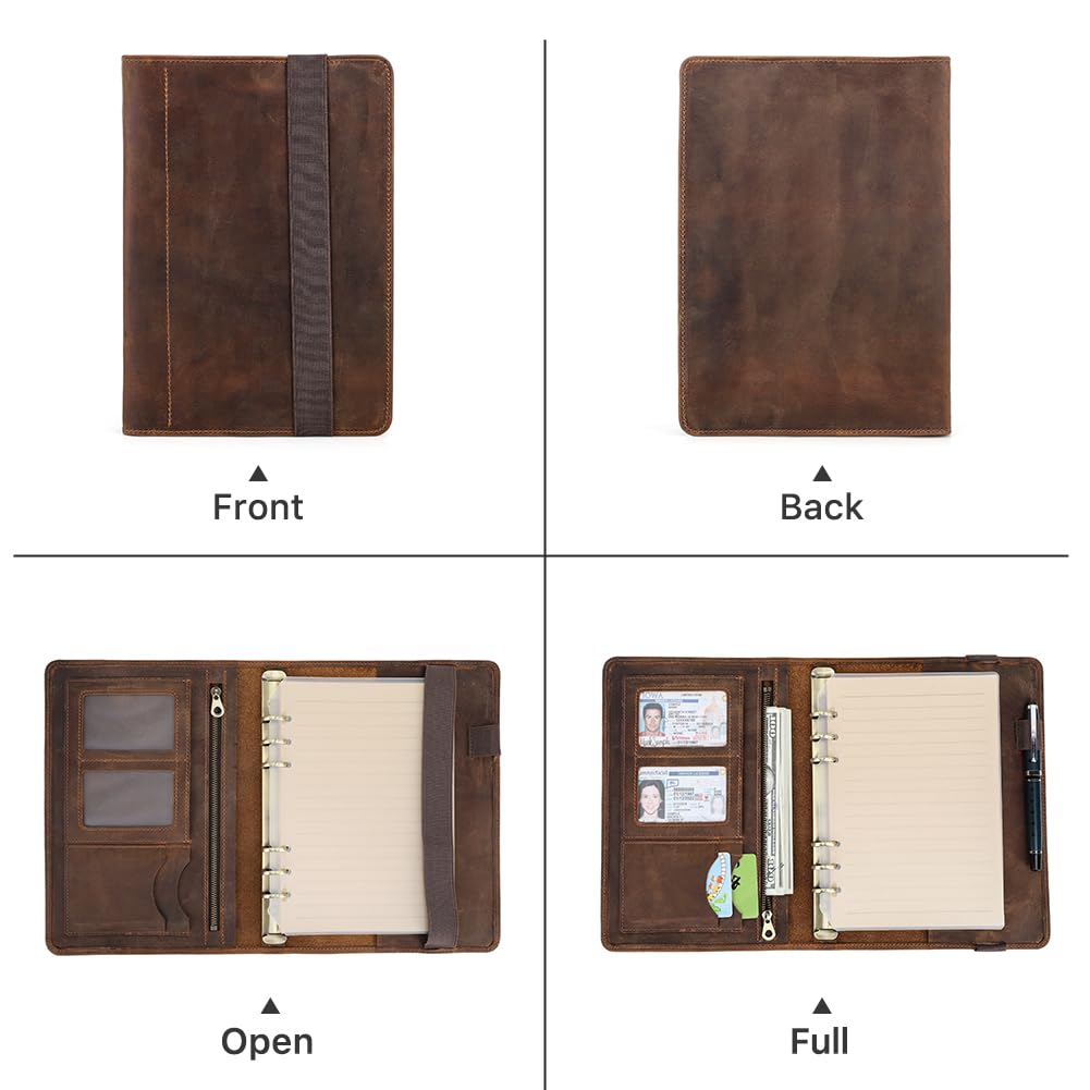 Hiram Custodia in pelle per notebook A5 con raccoglitore a 6 anelli multifunzione in pelle A5 cartella per notebook con tasca per tablet per ipad mini
